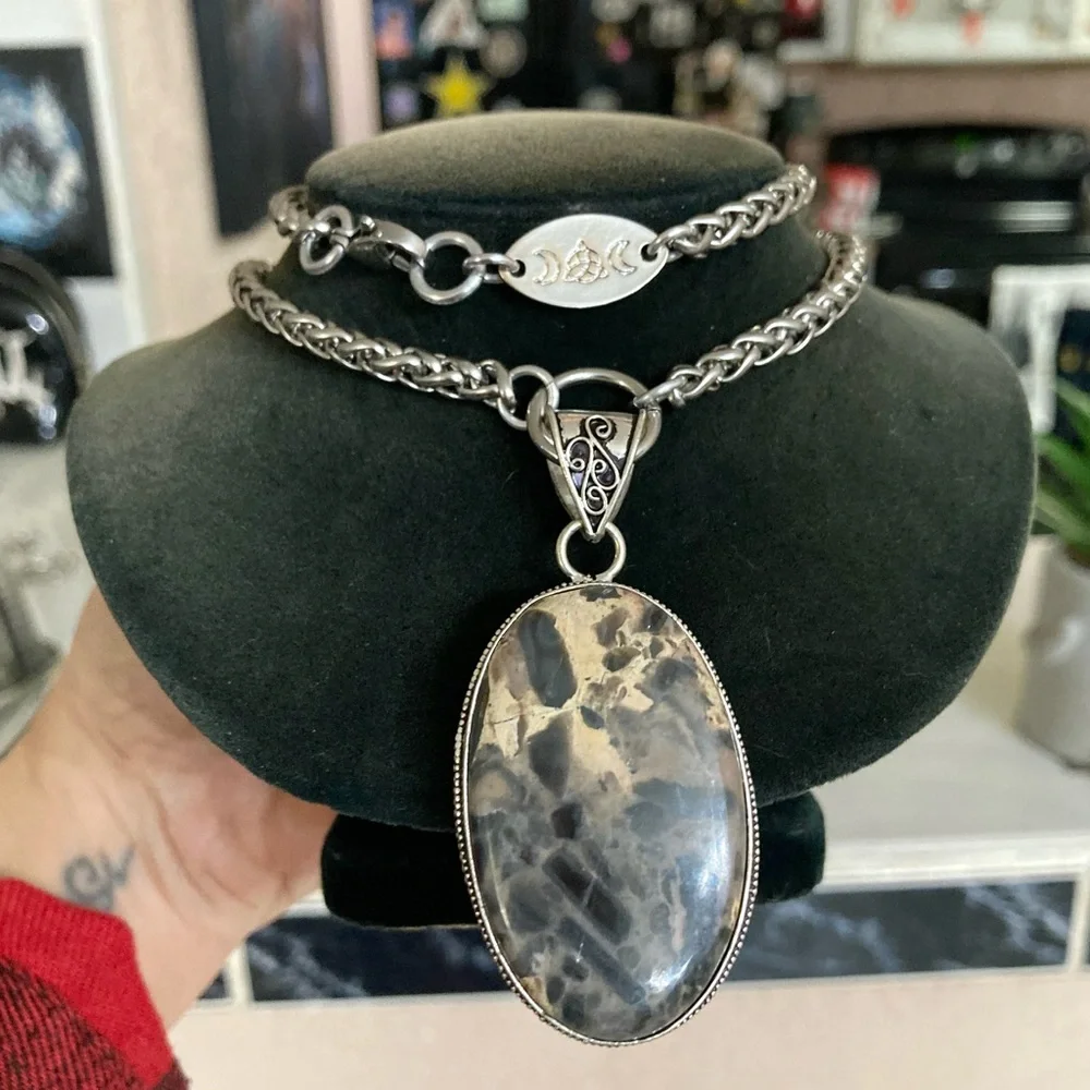 925 Sterling silver overlay marble jasper charm gemstone boho necklace - Picture 8 of 11